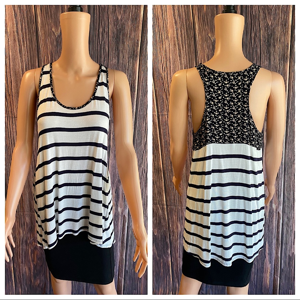 Le Lis black and white stripped flowy tank top with floral detail size m